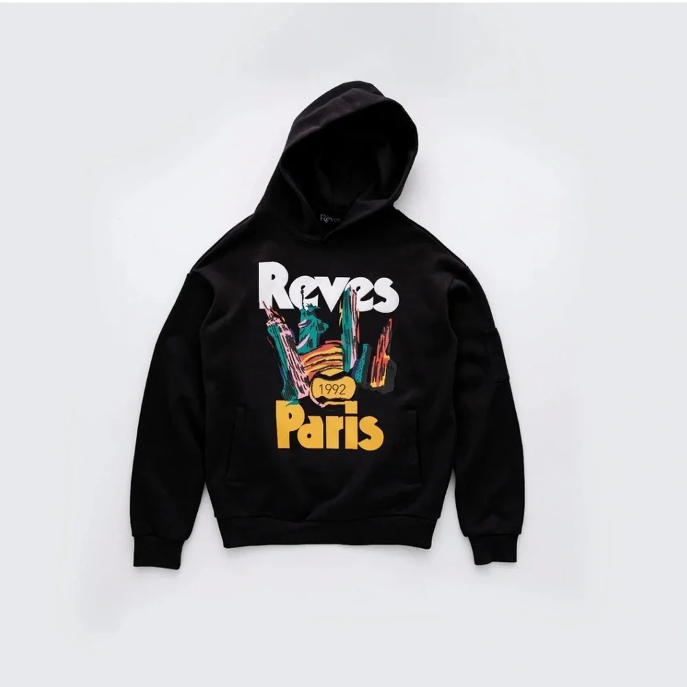 Reves Paris 1992 “Ville” Black Hoody Hidden Pockets Casual Hipster Size XL Comfy